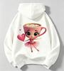 Children's hooded sweatshirt, cartoon pink coffee cup ballet-style hand-held heart-print long-sleeved fleece pullover hoodie