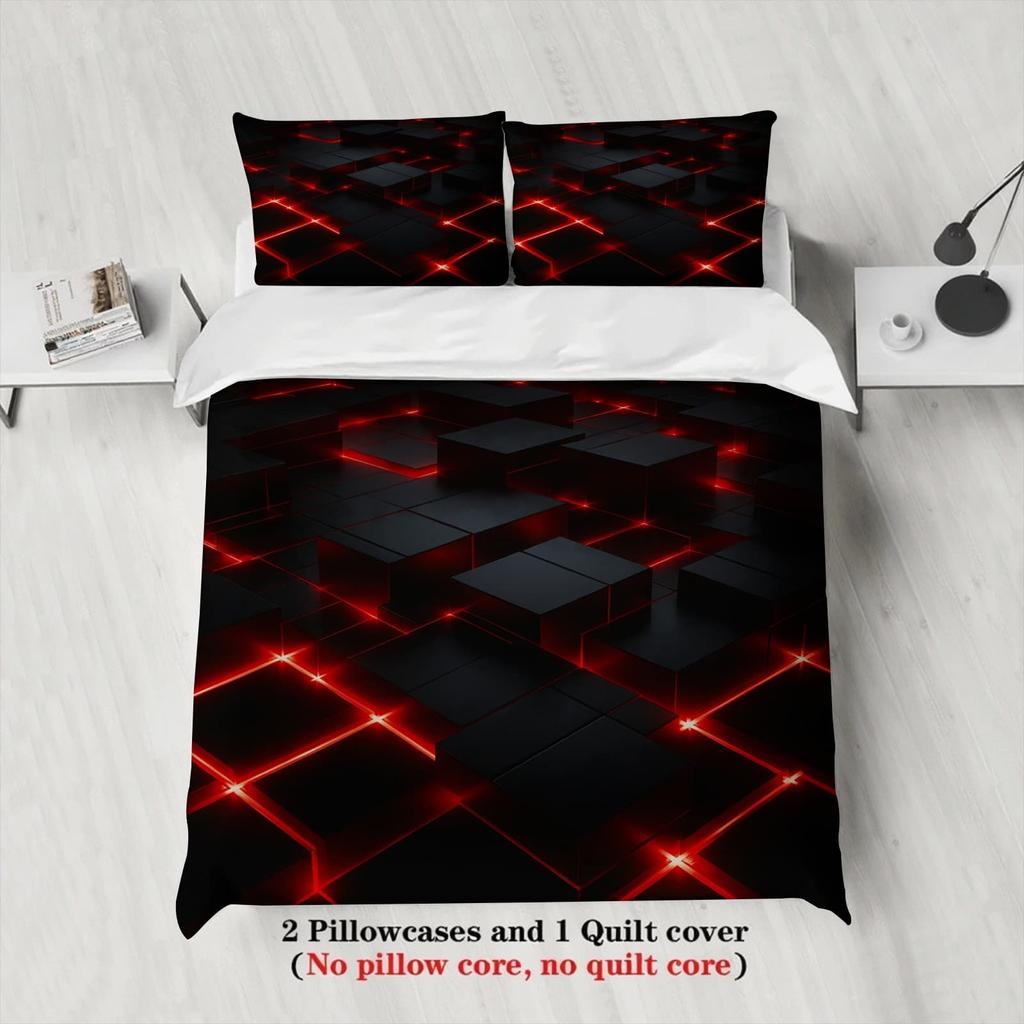 3pcs Red Glowing Geometric Cubes Print Duvet Cover Set – for Kids Gift 100%Polyester, Soft, Breathable for Bedroom Decoration