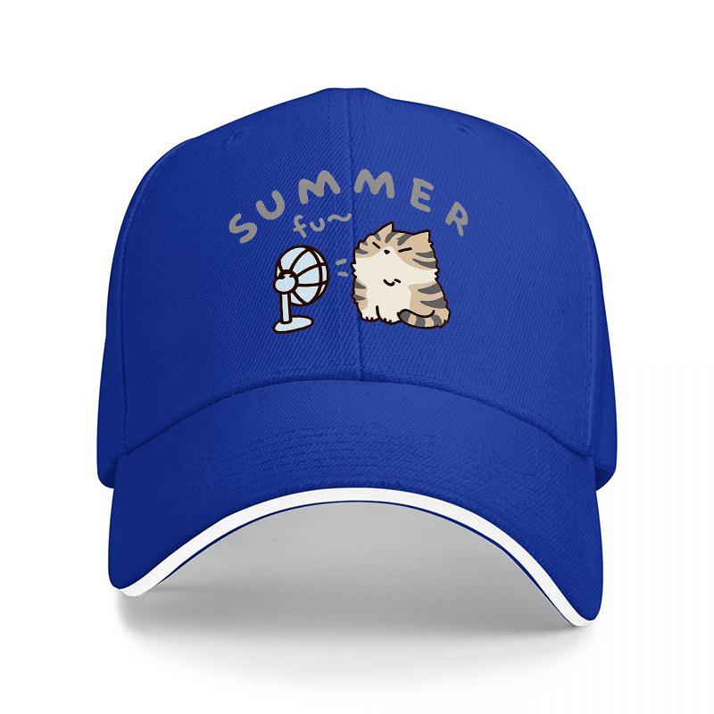 SUMMER FUN CAT WITH FAN DESIGN BLACK BASEBALL CAP FOR Unisex AND Women CASUAL STREETWEAR STYLE COOL SUMMER ACCESSORY