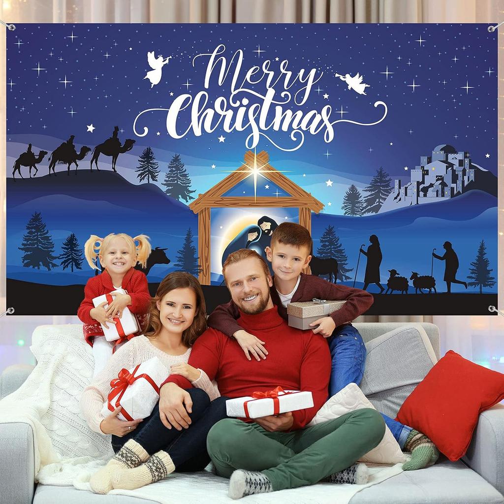 1pc Merry Christmas, Nativity Scene Polyester Background Fabric - Blue background Christmas Party Decoration and photography