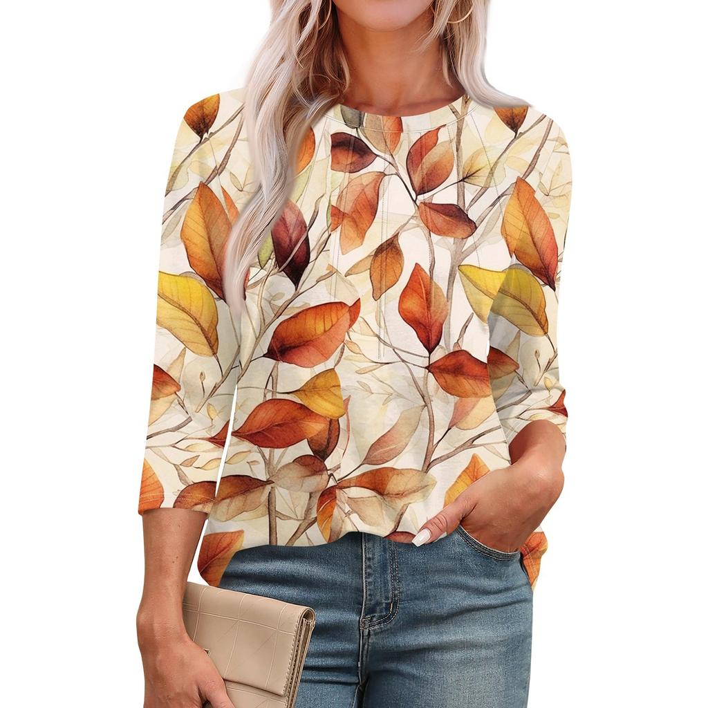 Женская модная повседневная футболка с круглым вырезом и рукавом семь четвертей в стиле ретро с принтом, плиссированная футболка