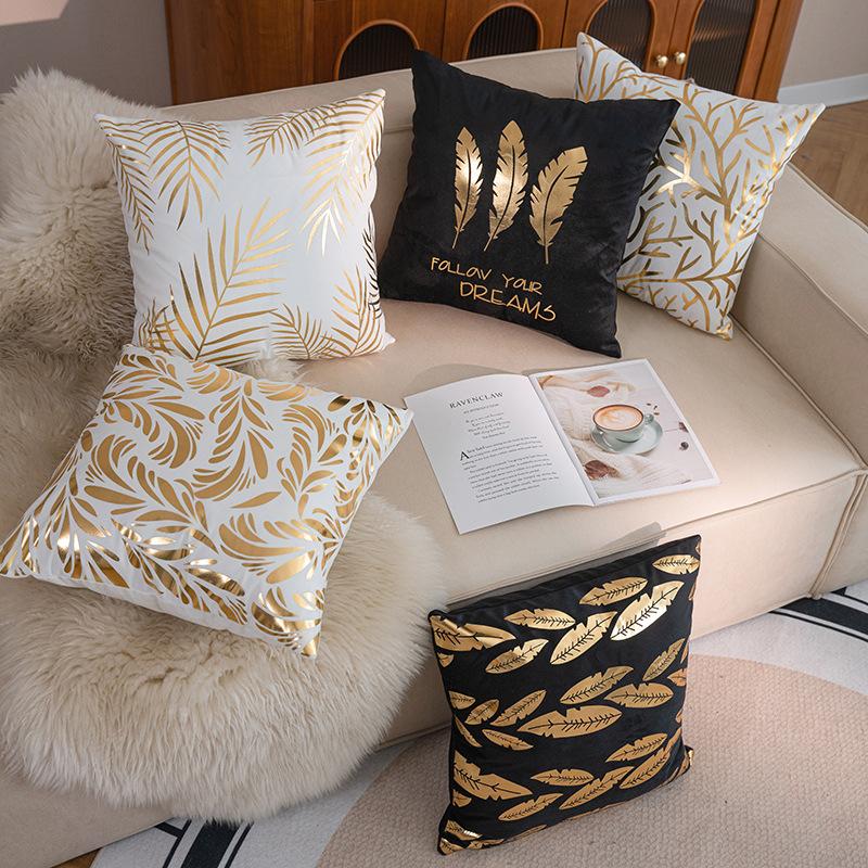 Pack of 2 Throw Pillow Covers 18x18 Inch for Couch Bed Sofa,Throw Pillow Covers with Gold Leaves Feather, Modern Bedroom Living Room Home Decor