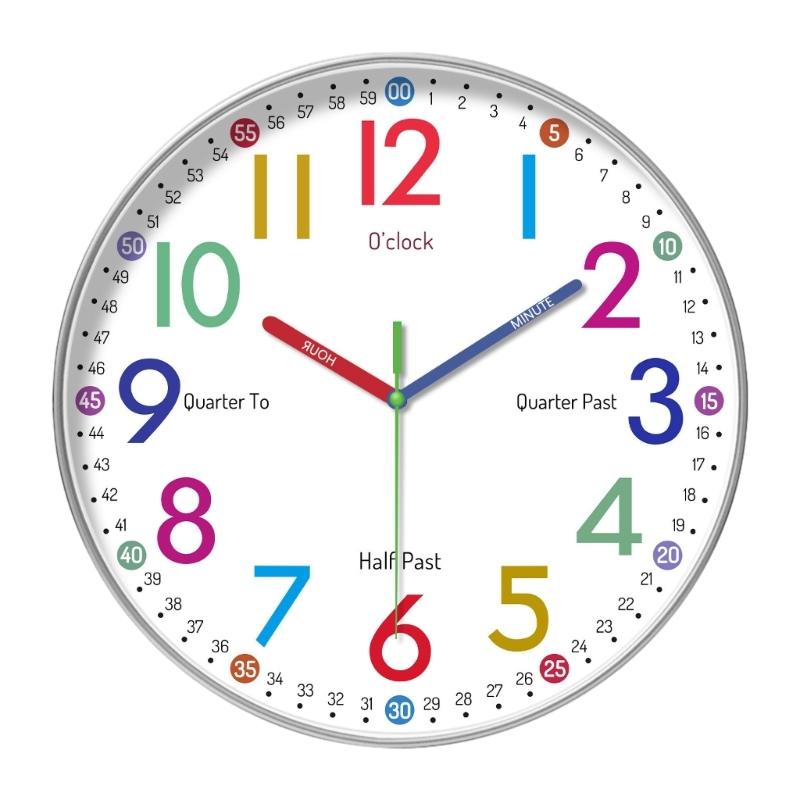 Colorful Kids Teaching Wall Clock Quiet Battery Operated Telling Time Learning Clock for Bedrooms Playrooms Classrooms
