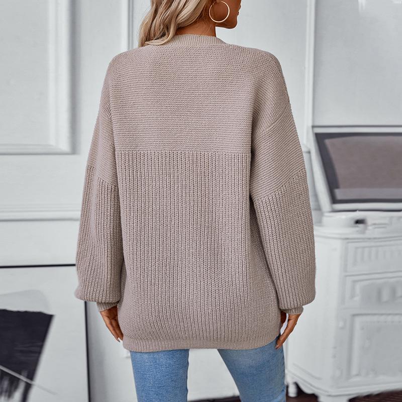 Autumn Winter Vintage Loose Long Sleeve Top Solid Color Cardigan Knitwear V-Neck Sweater