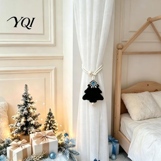Felt Curtain Buckles for Holiday Christmas Tree Tieback with Snowflake Pearl Decor, Fabric Xmas Winter Seasonal Window Decor Drape Holder, Adjustable