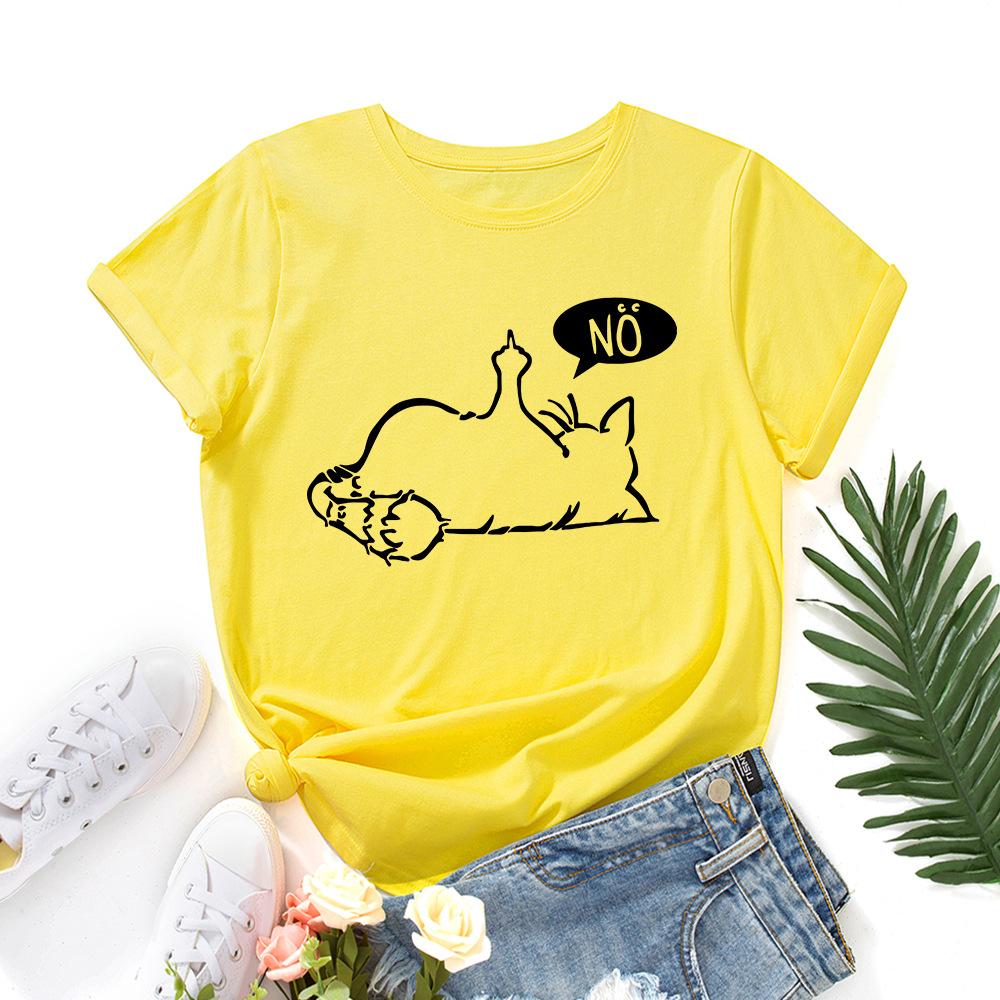 Cat No Cartoon Pattern Cotton T-Shirt Short Sleeve Round Neck Women 2d Print Tops