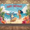 2D Flat Party Backdrop Banner - Beach Theme Happy Birthday with Surfing Character, Polyester Photo Background for Party Decor (Multiple Sizes)