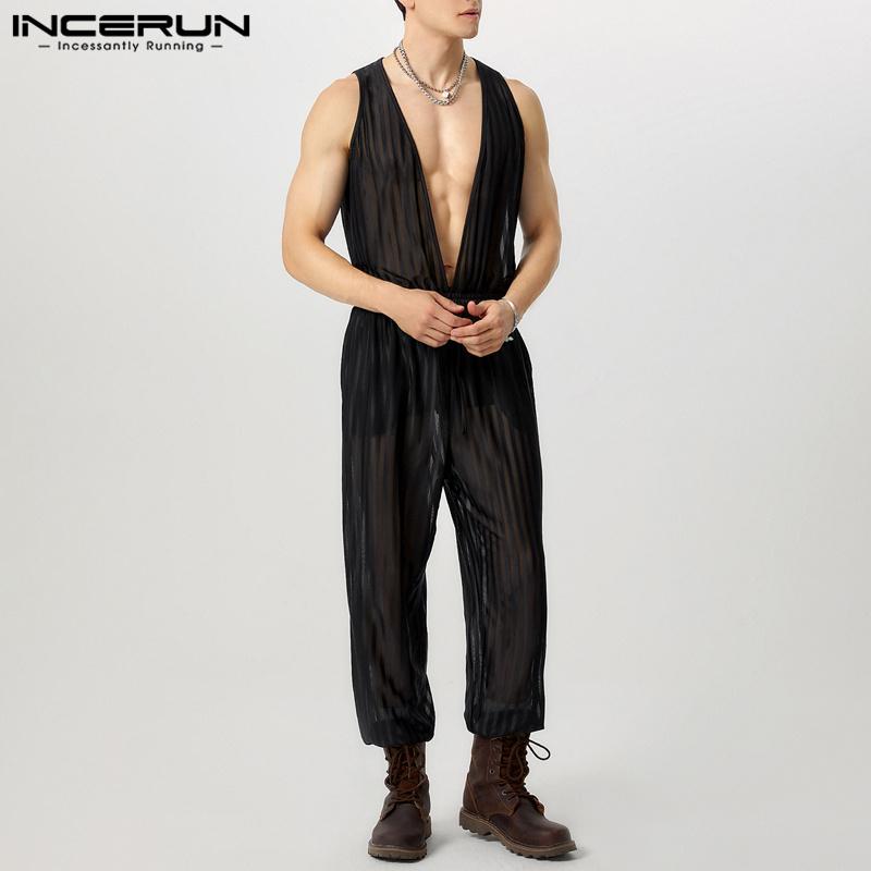 INCERUN Мужской комбинезон без рукавов с глубоким V-образным вырезом, из прозрачной сетки, с кулиской