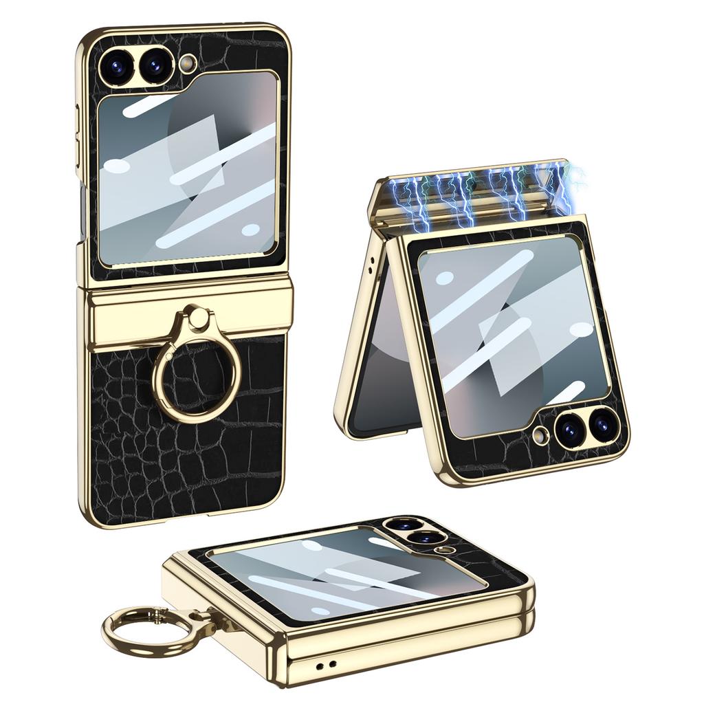 Роскошный чехол из кожи с покрытием для Samsung Galaxy Z Flip 7 6, магнитный чехол-крышка со встроенным кольцом-держателем для шарнира для чехла Galaxy Z Flip 5