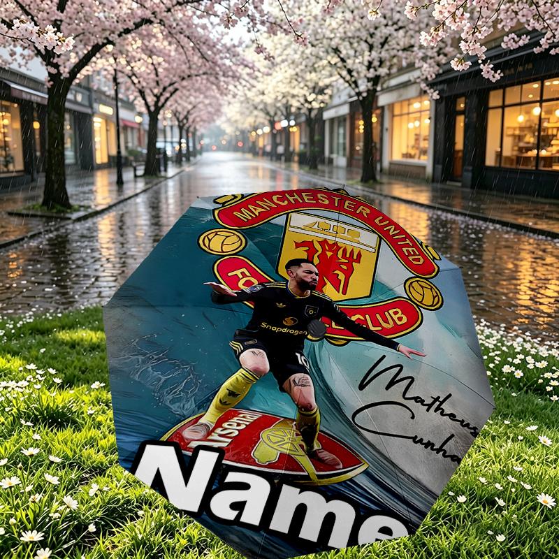 Custom Name Personalized Manchester Football F.C Print Umbrella, Auto Open Close, 8‑Rib Sturdy Frame, Commute Camping Hiking Use, Birthday Gift