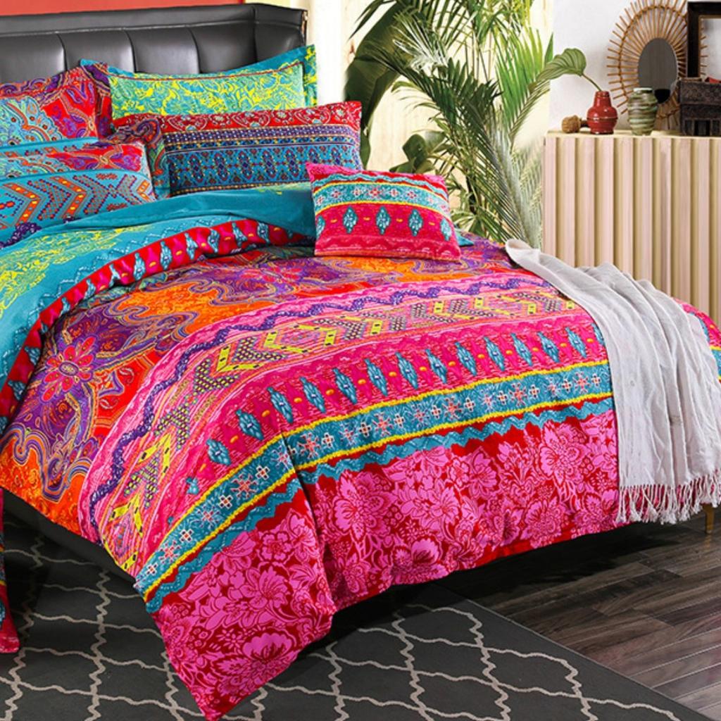 Exotic Boho Duvet Cover Set Soft Bohemian Bedding Red Teal Mandala Printed Bedding Reversible Striped Zipper Bed Comforter Cover