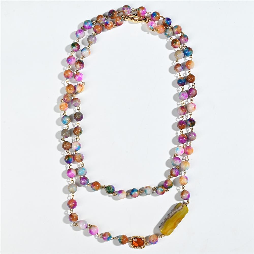 Vintage 18k Genuine Gold, Natural Stone and Agate Necklace and Earring Sets, Retro Long, Layered Personalized Sweater Chain