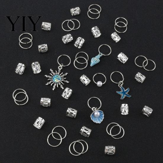 Turquoise Hair Rings 45Pcs Dreadlock Accessories, Open Design Easy to Wear Braided Marine Themed Charms with Elements Starfish Shells Sunflowers Beads