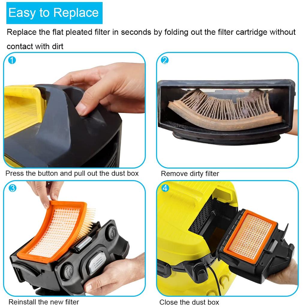 EATBALE 2 Pack Filter Replacement Parts for Karcher MV6 Wet Dry Vacuum Cleaner Filter Accessory with Flat Pleat Filter Cleaning Brush WD4, WD5, WD6,