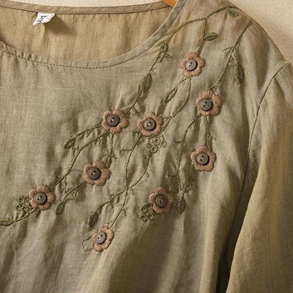 Женская однотонная хлопковая и льняная футболка с длинными рукавами и вышивкой в стиле ретро с дышащей тканью и круглым вырезом