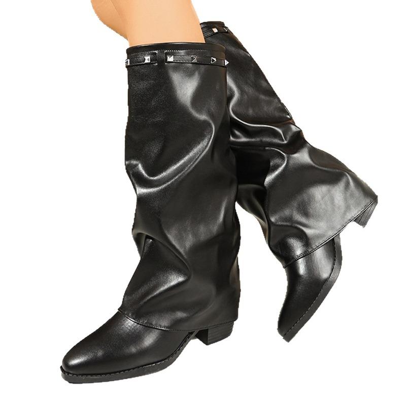 Женские плиссированные ботфорты на высоком каблуке широкой полноты - Ботильоны-слоучи в британском стиле на массивном каблуке для осени, Ретро ботинки на наборном каблуке