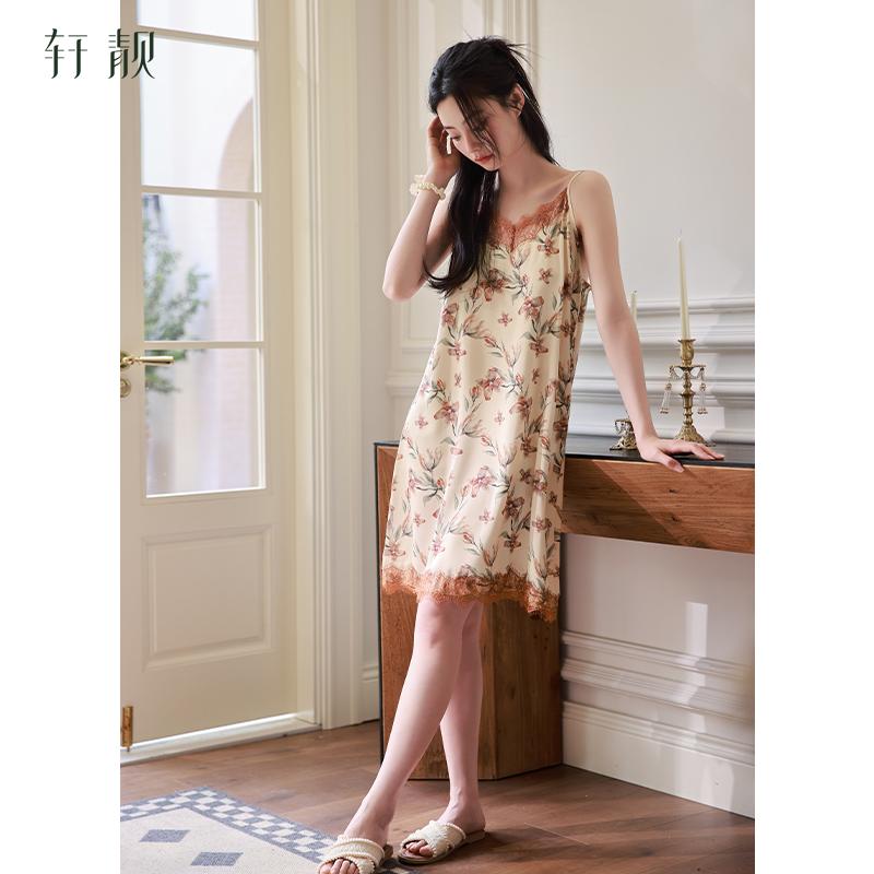 Xuan Liang Women's Summer Thin Ice Silk Strap Sexy Lace Pajama Dress