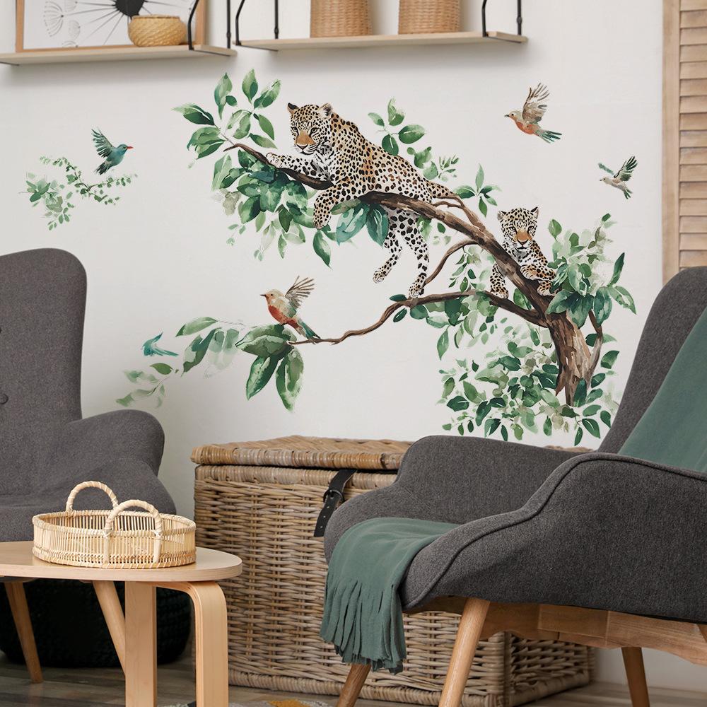 Деньги Леопард Ветви Птицы Спальня Гостиная Прихожая Дом Фон Украшение Наклейки на стену