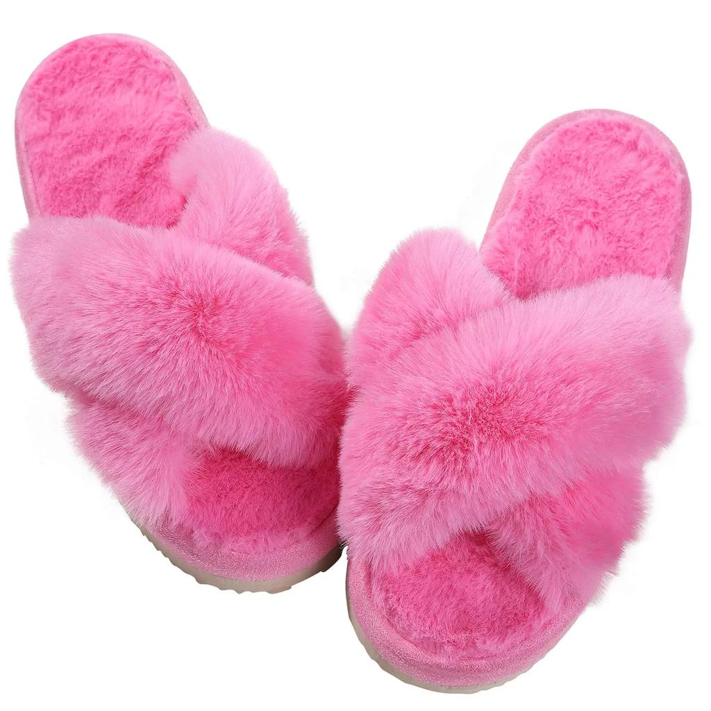 Comwarm Women's Cozy Fuzzy Slippers Open Toe Plush Cotton Flat Indoor Shoes Warm Comfortable Fluffy Slides for Home