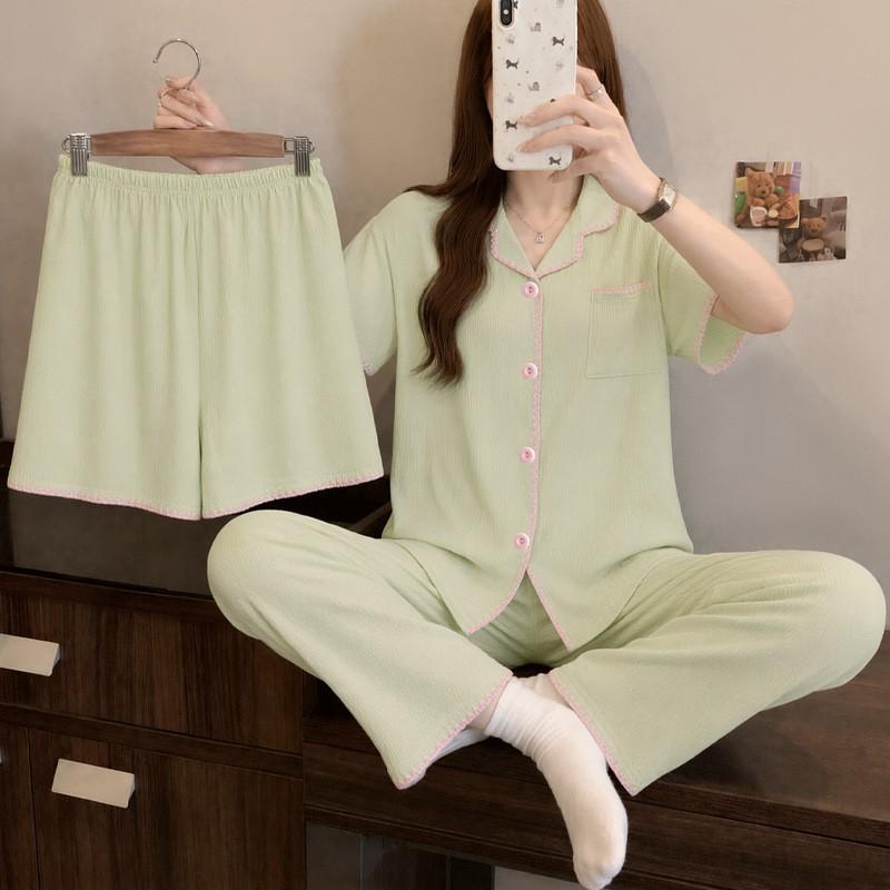 Womens Cloud Cotton Pajama Set Short Sleeve Bow Loose Loungewear 3pcs