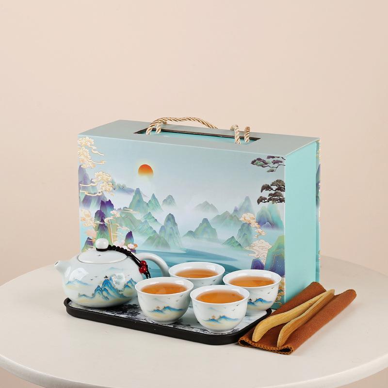 Portable ceramic express cup, one pot of four cups travel tea set, Guochao landscape gift box, business souvenir