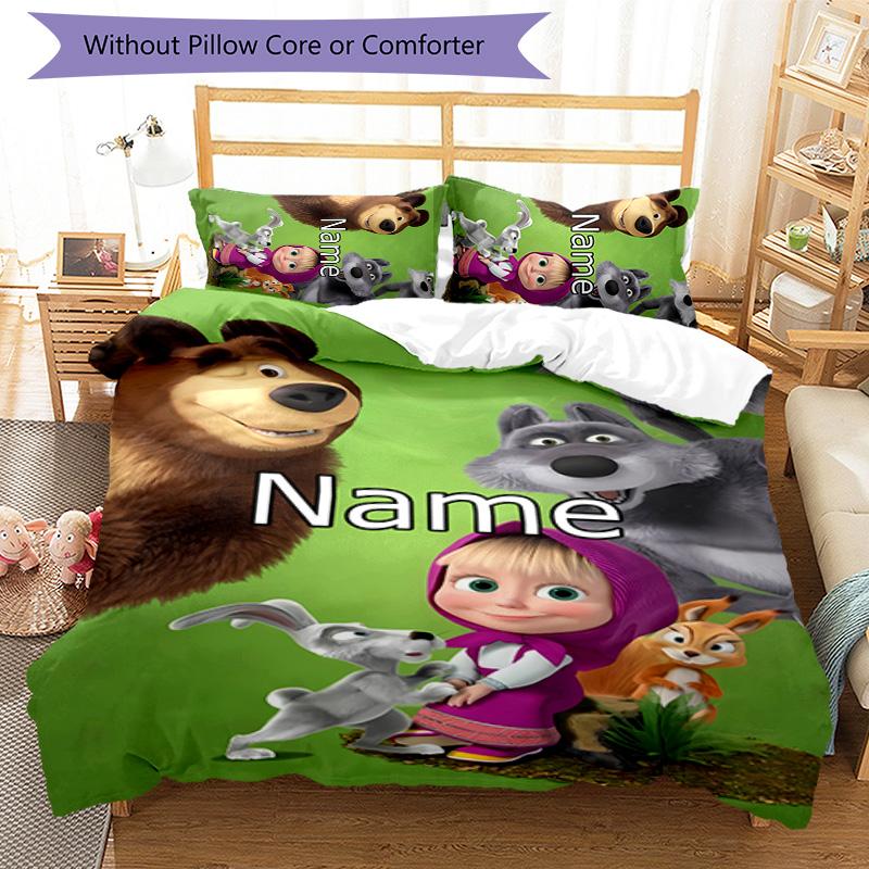 3pcs Masha and the Bear4 Cover Set - Personalized Name, HD Printed Bedding with 1 Cover and 2 Pillowcases - Perfect for Home Decor, Easy Care
