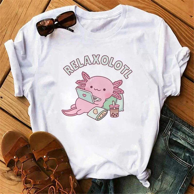 NEW Cute Axolotl Drinking Bubble Tea Printed Kids Tshirt Summer Pure Cotton Shortsleeved Casual Tops for Boys and Girls