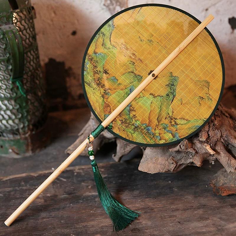 Dunhuang Retro Fine Bamboo Fan, Round Fan with Tassels and Long Handle, Can Be Curled into a Palace Fan for Dancing and Photography