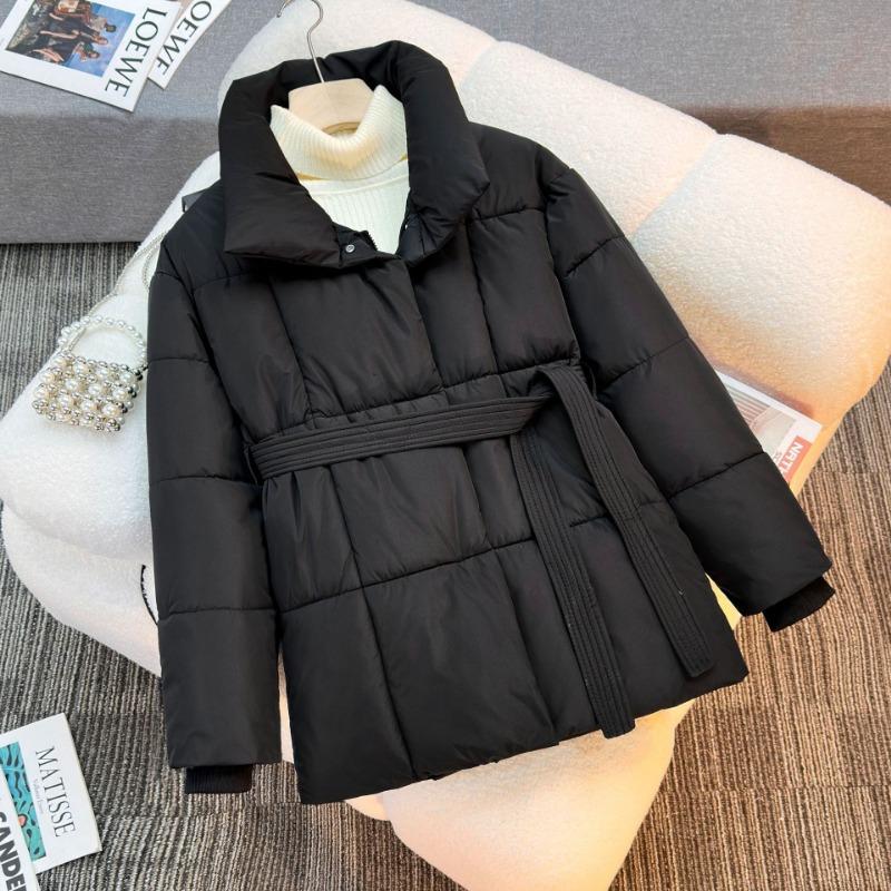 Women Stand Collar Belted Loose Fit Mid Length Long Sleeve Padded Coat Solid Color Winter Outerwear