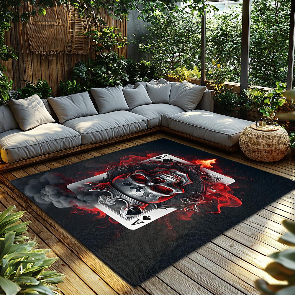 Gothic Skull Card Rug, Red Black Playing Card Design, Anti-Slip Area Mat for Bedroom/Living Room, Dark Home Decor Carpet