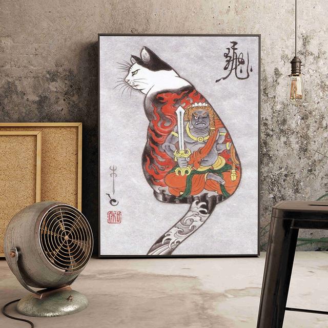 Solid Wood Frame Japanese Floating Samurai Cat Canvas Painting Retro Style Posters and Prints Wall Art Pictures for Living Room Wall Decor