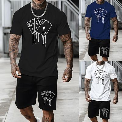 Мужской костюм свободного покроя с круглым вырезом и коротким рукавом, принт с 3D-игральными картами, летний повседневный дышащий освежающий костюм