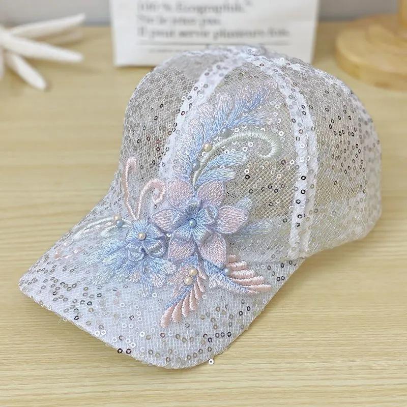 Sequin mesh hollow breathable sun protection duck tongue sun hat children sweet beaded lace flower shade baseball cap