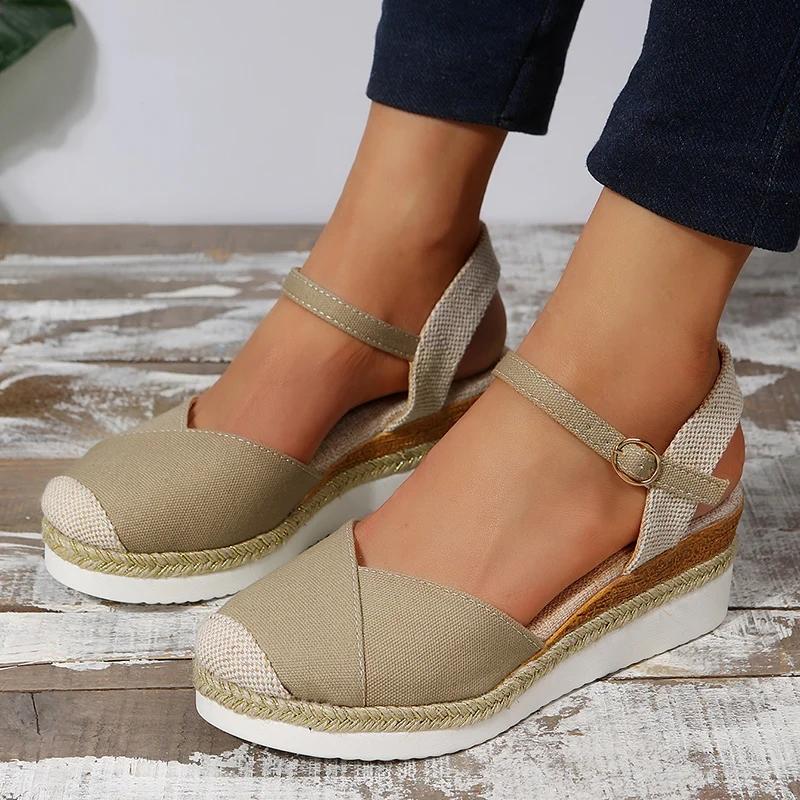 Модные разноцветные сандалии-клинья с закрытым носком, женские сандалии с ремешком на щиколотке, на толстой подошве, женские сандалии большого размера, эспадрильи на платформе, римские туфли