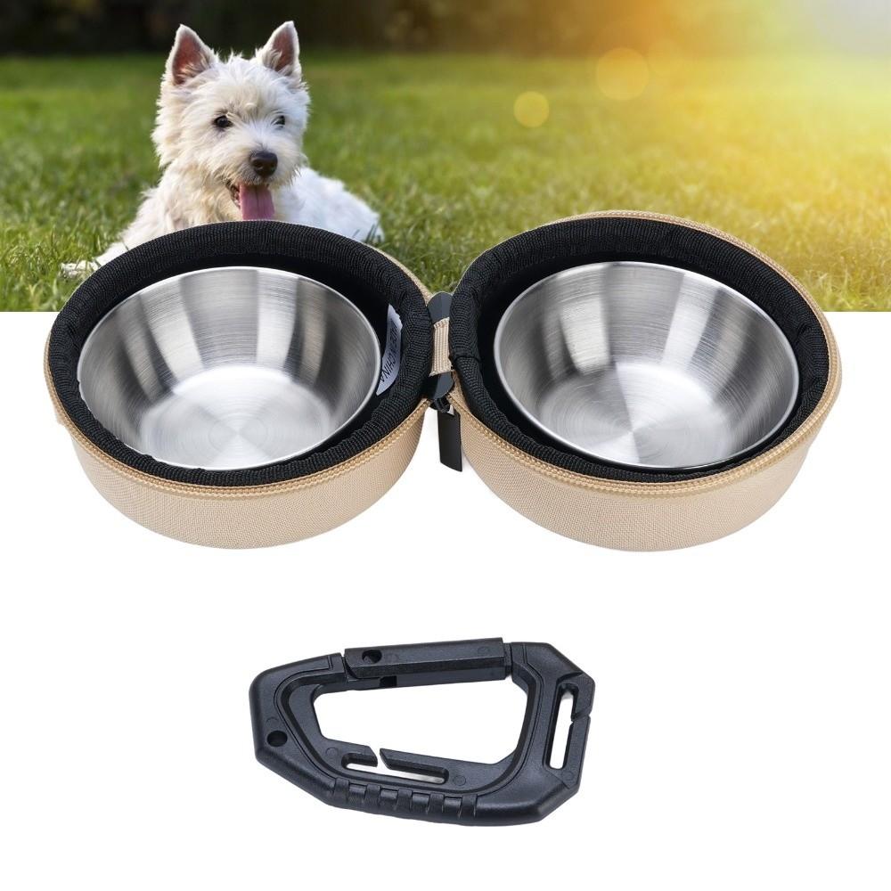 Stainless Steel Portable PET Bowl Set Green and Khaki Travel PET Feeder PET Feeding
