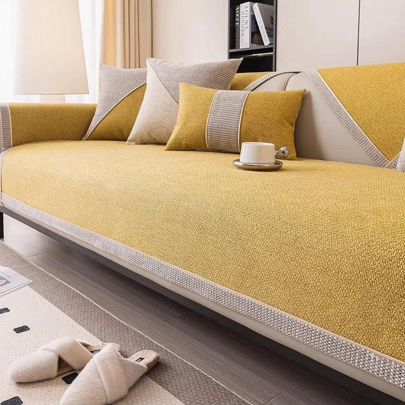 1pc Cotton Line Sofa Cover Solid Color Non-slip Couch Cushion Four Seasons Universal Sofa Mat Simple Sofa Slipcover Living Room