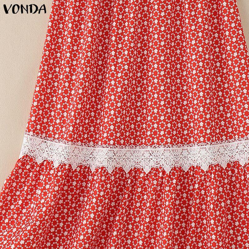 VONDA Женские расклешенные юбки А-силуэта с эластичной талией, кружевной отделкой по подолу и цветочным принтом, повседневные, плиссированные