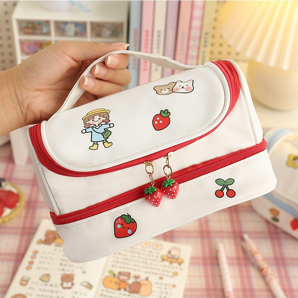 Креативный милый пенал из искусственной кожи, школьная сумка для хранения, кожаная косметичка, большой пенал для ручки для девочки, ручка-карандаш «Клубника кавайная»