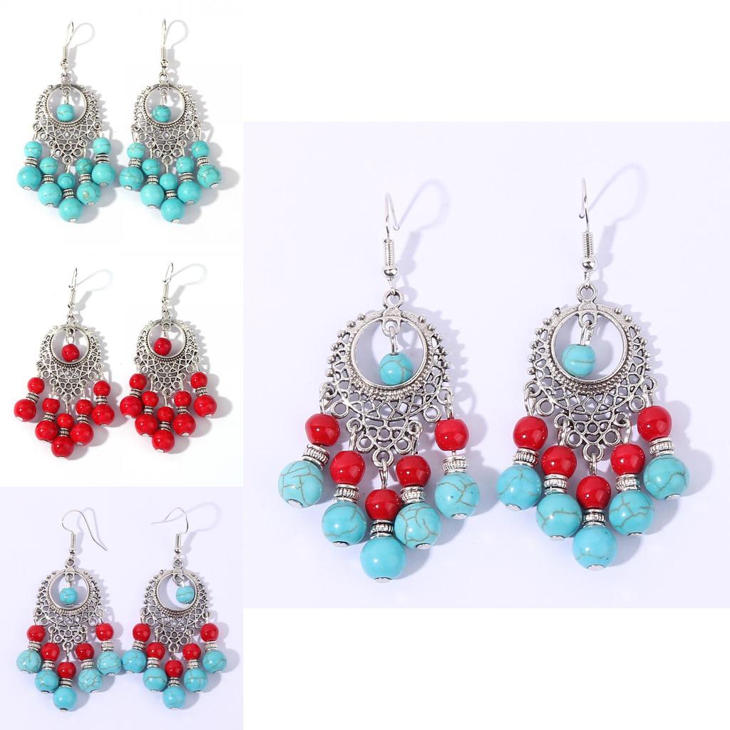 Ethnic Simulation Turquoise Beaded Earrings With Silver Filigree For Casual Wear