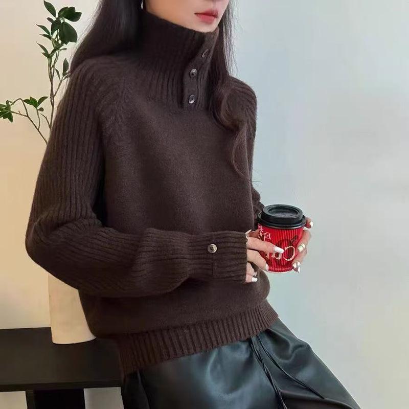Women's Petite Retro High Neck Knit Pullover: Thick, Loose, Comfy Long Sleeve Sweater