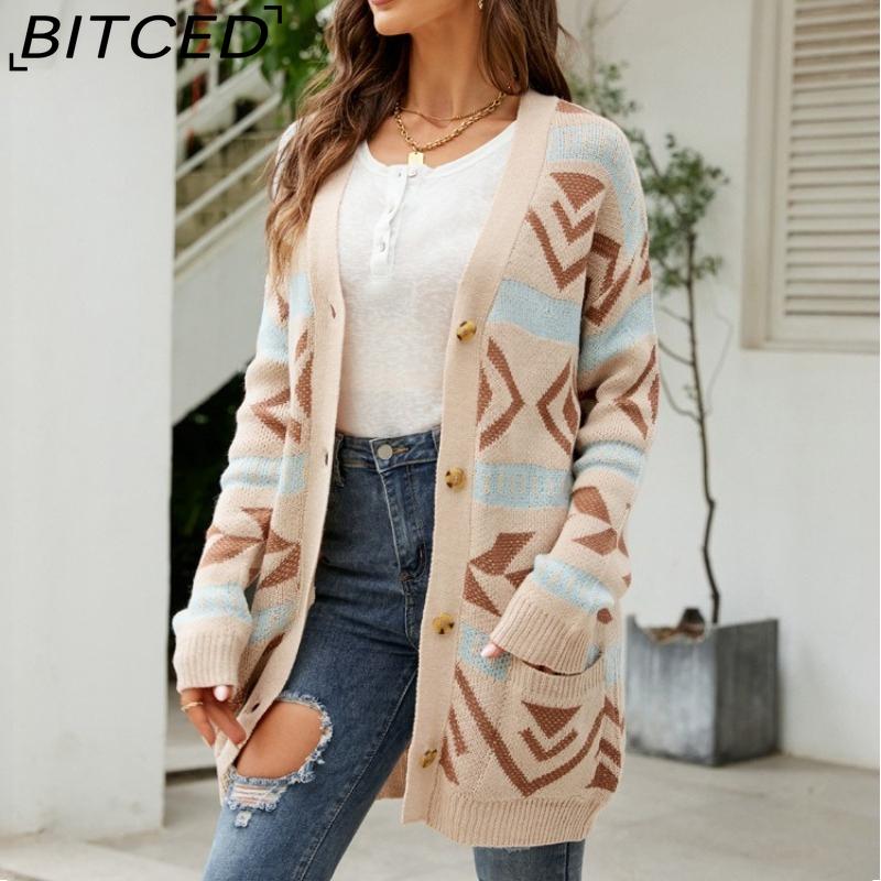 BITCED Autumn/Winter Women's Diamond-Patterned Oversized Knitted Cardigan Jacquard Mid-Length Sweater Coat