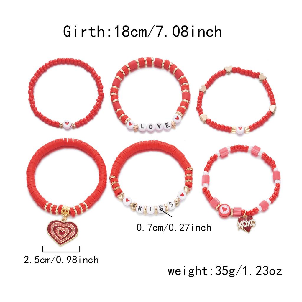 Fashion 6pcs/set Y2K Pink Beads Polymer Clay Bracelets Set for Women Girls LOVE Heart Pendant Gifts for Lovers Jewelry