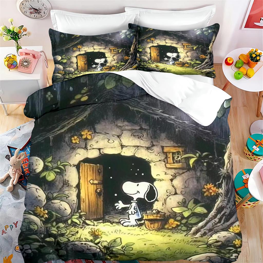Мультяшный комплект постельного белья Snoopy из 3 предметов: пододеяльник, размер кинг, милый подростковый декор для детской комнаты, домашний аниме-подарок для детей