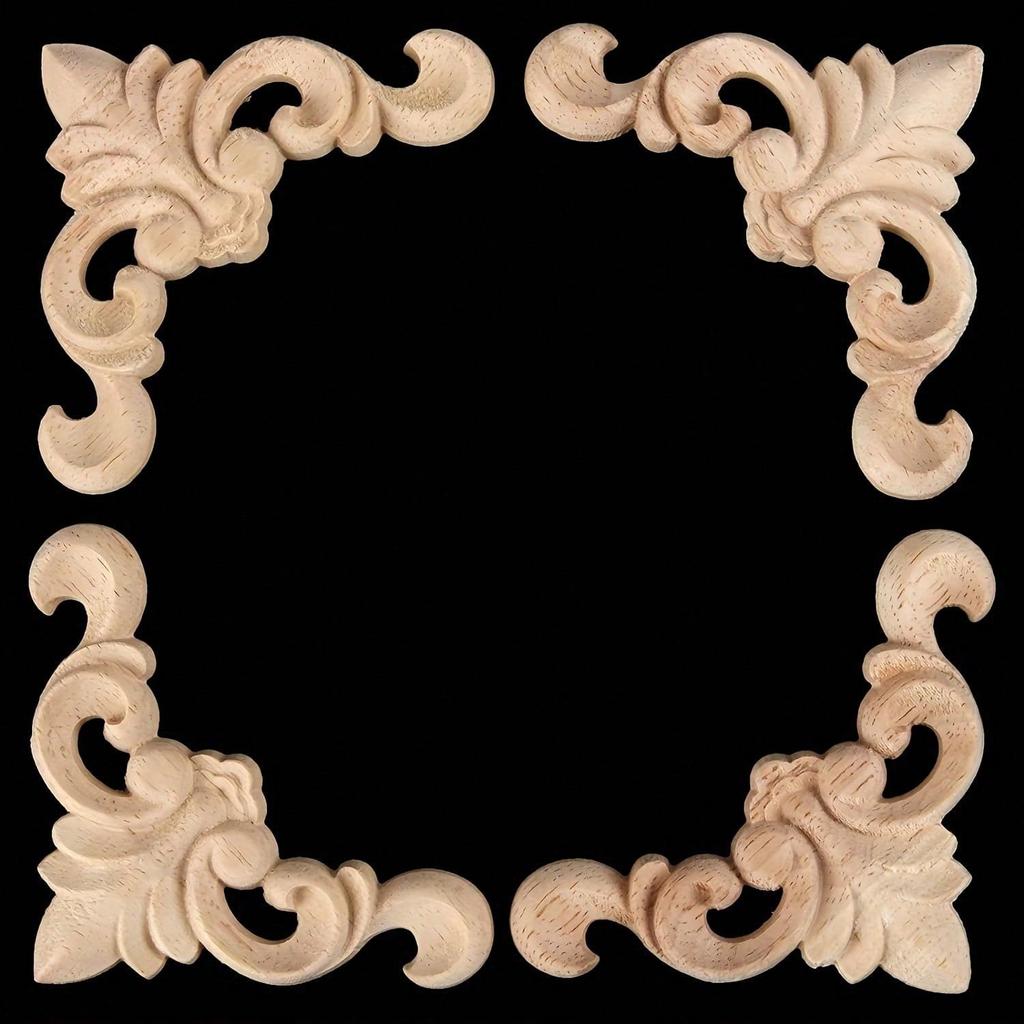 4 шт. резных аппликаций из дерева, накладки, неокрашенные резные наклейки, угловые таблички для настенного шкафа, проект «сделай сам», 8x8 см/3,15"X3,15"