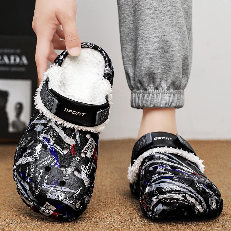 Мужские хлопковые тапочки на флисовой подкладке - Легкая обувь больших размеров с закрытым носком