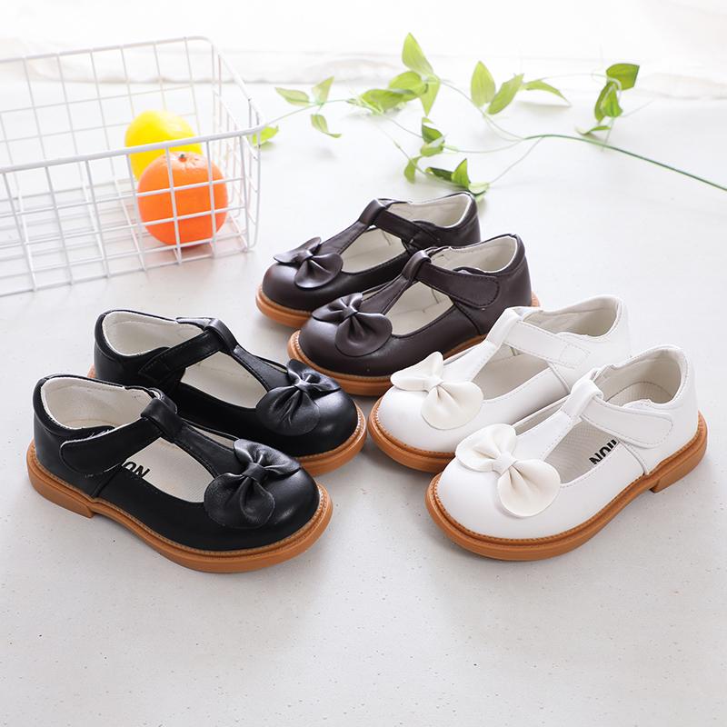 Children Leather Shoes for Girls Mediumn Big Kids School Shoes for Party Wedding Princess Sweet T-strap with Bow Comfortable New