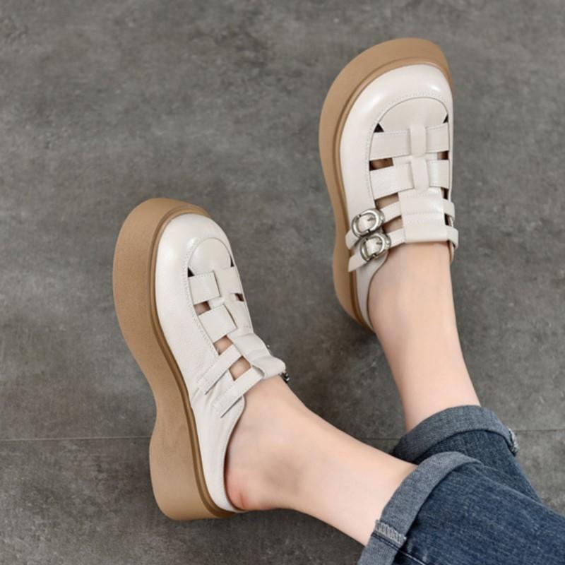 Johnature Женские уличные тапочки с круглым носком и полыми отверстиями, легкие сандалии из натуральной кожи на толстой подошве