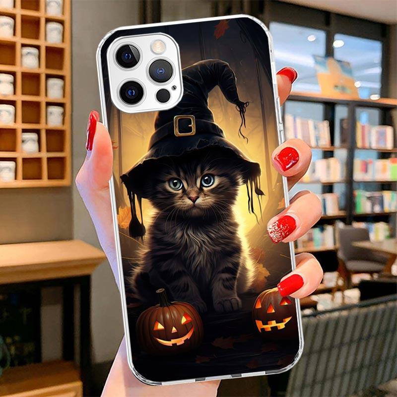 Black Kitten Halloween Pumpkin Cover Phone Case For iPhone 16 17 Air 15 14 Pro Max 16E Phone Case 13 Mini 12 11 7 SE 8 Print Pat