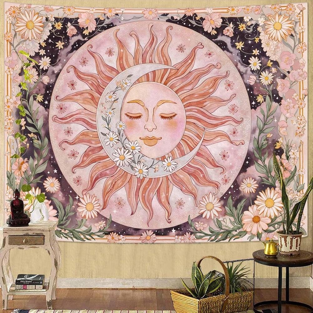 Gentle Pink Tone Sun Moon Flower Tapestry, Bohemian Wall Cloth for Bedroom Living Room