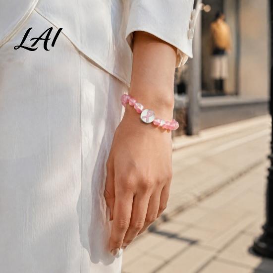 Elegant Women Health Awareness Wristband Breast Cancer Bracelets Ribbon Charm Beads Durable Alloy Wrist Jewelry Elastic Bracelet Encouragement Gifts